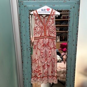 Moulinette Soeurs Red and Cream Embroidered Midi Dress
